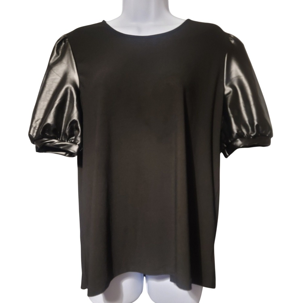 Love Scarlett Women‎ Black Faux Leather Puff Sleeve Mixed Media Top Sz L